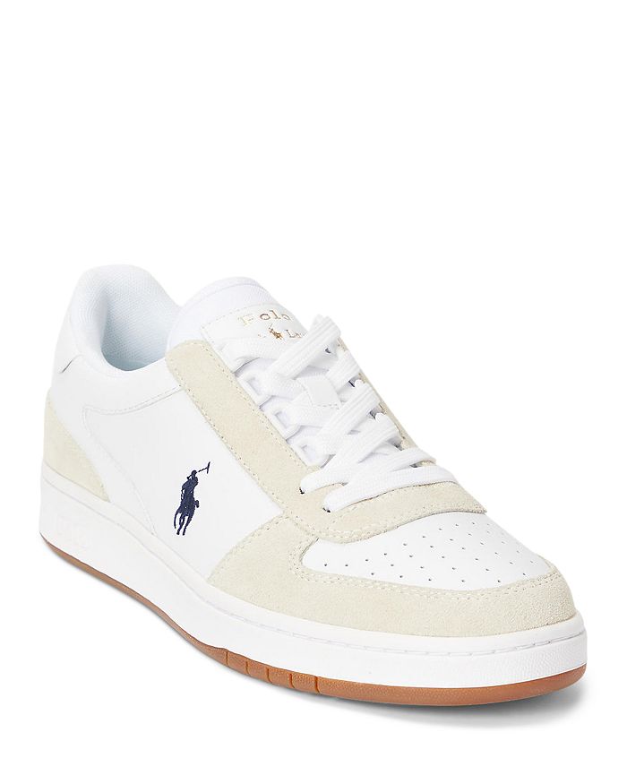Polo Ralph Lauren Polo Court Suede Mix Sneakers In White With Navy Pony Logo In White/navy