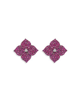 PIRANESI - 18K Rose Gold Deep Pink Sapphire & Diamond Flower Earrings