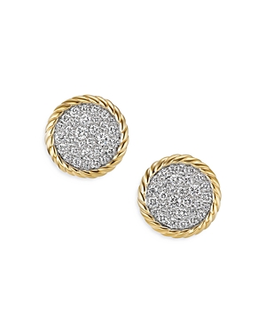 David Yurman 18K Yellow Gold Dy Elements Pave Diamond Button Stud Earrings