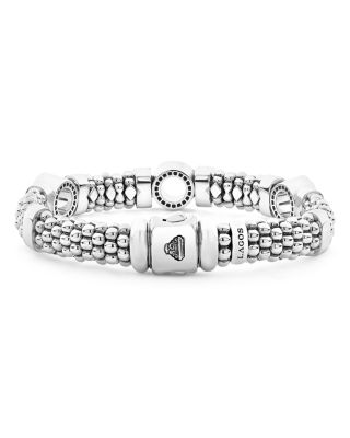 Sterling Silver Caviar Spark Diamond Three Circle Caviar Bead Link Bracelet