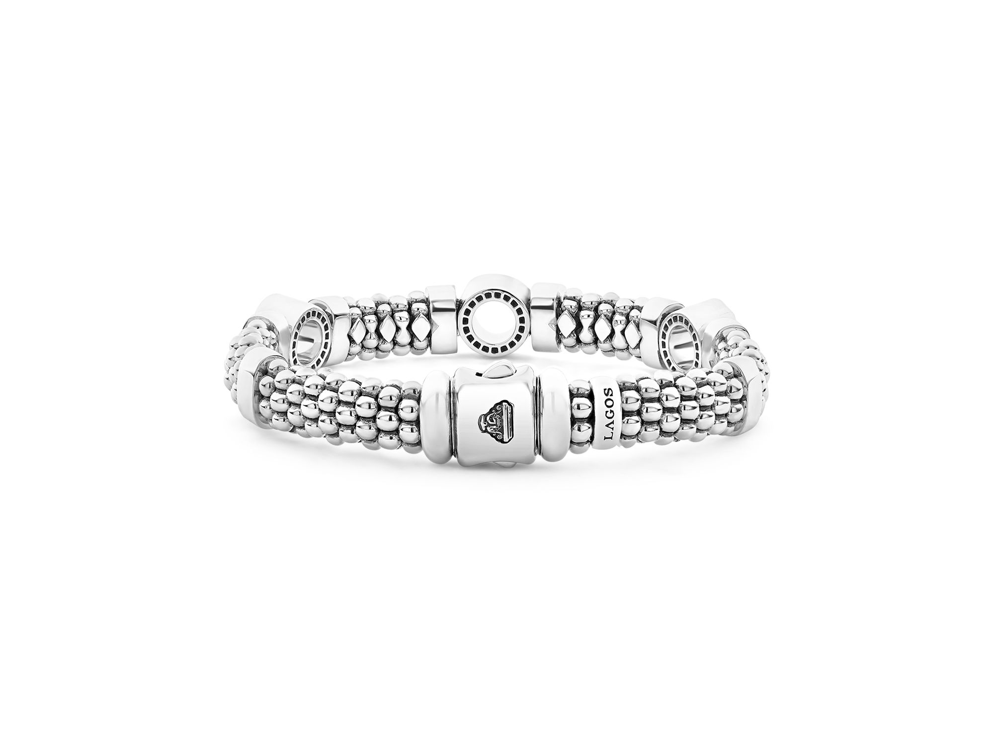Sterling Caviar Spark Diamond Three Circle Caviar Bead Link Bracelet — Image 5