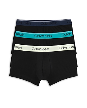 Calvin Klein Microfiber Stretch Wicking Low Rise Trunks, Pack Of 3 In Black With Cobalt Navy And Yellow Wasitband