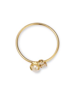 14K Yellow Gold White Pearls Prong Diamond & Cultured Pearl Ring
