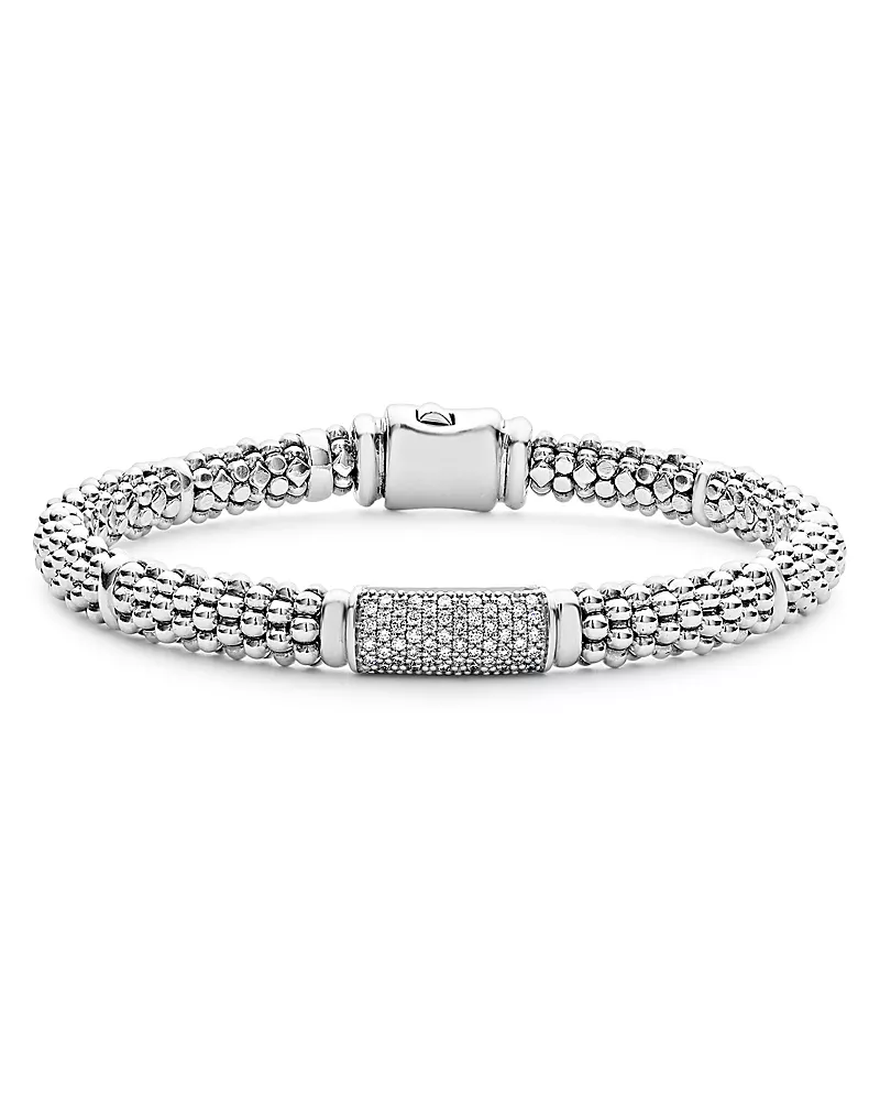 Lagos Sterling Silver Signature Caviar Pave Diamond Station Bracelet