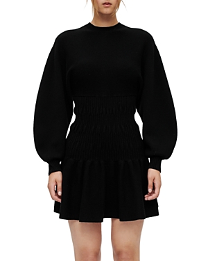 Maje Rondy Ruffled-hem Balloon-sleeved Stretch-knit Mini Dress In Black