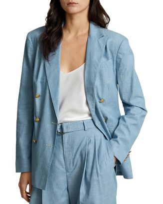 Lauren Ralph Lauren Plus Size Double-Breasted Chambray Blazer Women's Clothing Beryl Blue Wash : 18W
