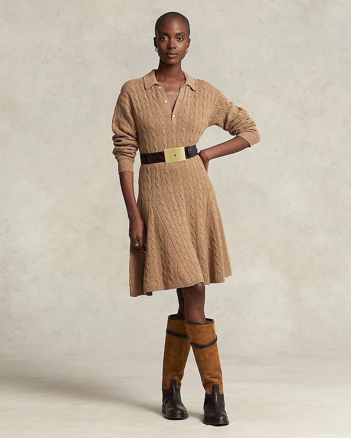 POLO RALPH LAUREN CABLE WOOL-CASHMERE TURTLENECK DRESS, Brown Women's  Short Dress