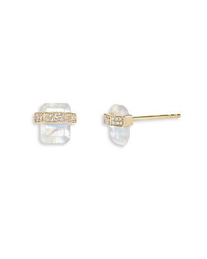 14K Yellow Gold Moonstone & Diamond Stud Earrings