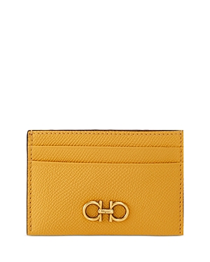 Ferragamo Salvatore Gancini Leather Card Case In Golden Yellow/gold