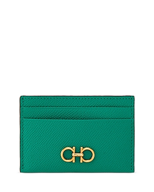 Ferragamo Salvatore  Gancini Leather Card Case In Emerald/gold