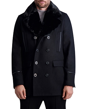 Karl Lagerfeld Faux Leather Trimmed Regular Fit Double Breasted Peacoat In Black/black