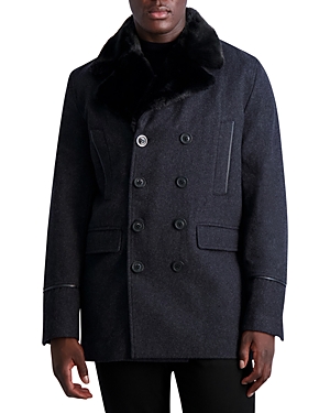 Shop Karl Lagerfeld Notch Lapel Pea Coat In Charcoal/black