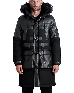 Karl Lagerfeld Fabric Blocked Faux Fur Trim Down & Feather Wool Blend Coat In Black