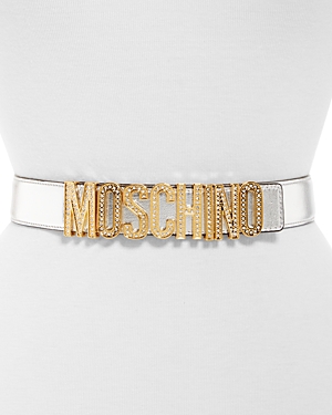 Moschino Women's Embellished Logo Charm Leather Belt In Nickel Multi
