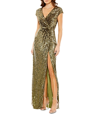 Mac Duggal Sequin Wrap Front Sheath Gown In Olive