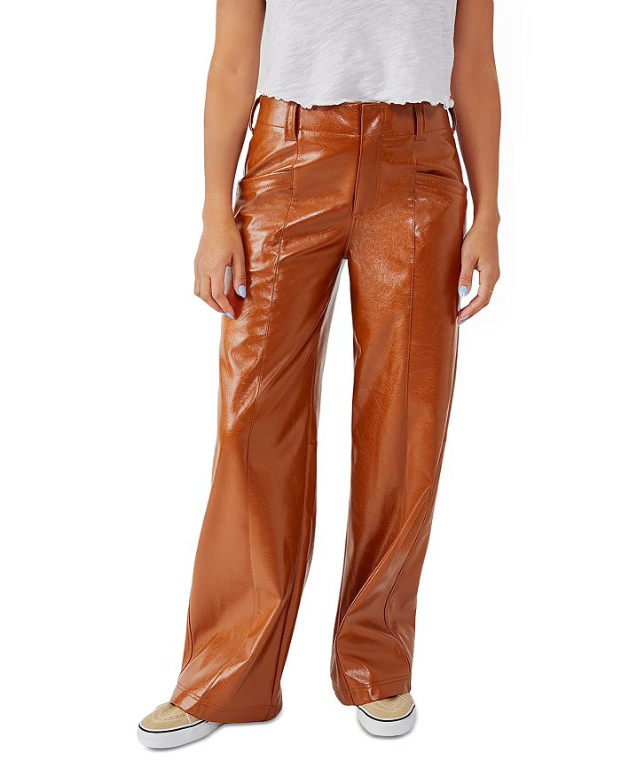 Orange Faux Leather Zip Seam Straight Leg Pants