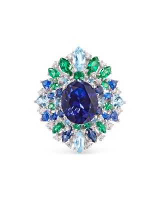 Anabela Chan - 18K White Gold Plated Sterling Silver Tutti Frutti Simulated Blue Sapphire, Emerald & Diamond Mirage Ring