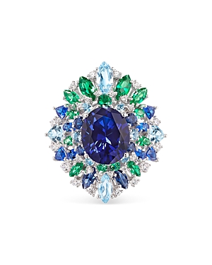 Anabela Chan 18k White Gold Plated Sterling Silver Tutti Frutti Simulated Blue Sapphire, Emerald & Diamond Mirage In Blue/white