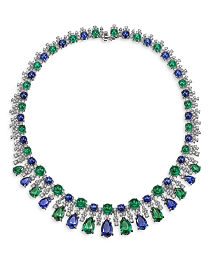 Anabela Chan 18K White Gold Plated Sterling Silver Tutti Frutti Simulated Emerald, Blue Sapphire & Diamond Necklace, 15.8