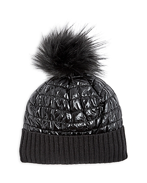 Surell Girls' Faux Fur Pom Pom Ribbed Hat - Big Kid In Black