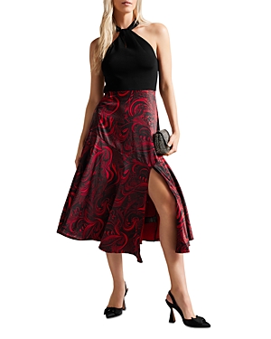 Ted Baker Rosieo Twist-neck Knit-bodice Woven Midi Dress In Black