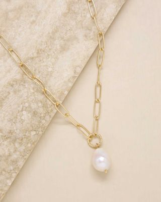 Single Freshwater Pearl Open Links 18K Gold Plated Chain Necklace, 15&amp;quot;