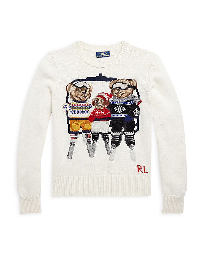 Ralph Lauren Girls Polo Bear Sweater Dress in White