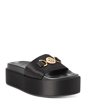 Versace Platform Mules With Medusa Head Detailing In Black Viscose Woman In Black/ Gold