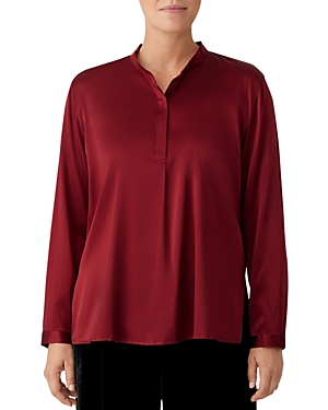 Eileen Fisher Silk-blend Mandarin Collar Henley Top In Dpclt