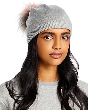 Kyi Kyi Cashmere Faux Fur Pom Pom Hat In Light Gray