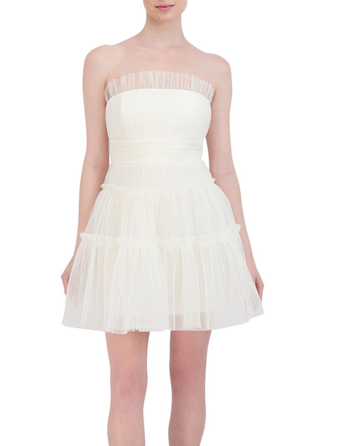 Bcbgmaxazria Women's Strapless Ruffled Tulle Flared Mini Dress Size 10