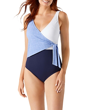 TOMMY BAHAMA COLOR-BLOCKED WRAP-FRONT ONE PIECE SWIMSUIT