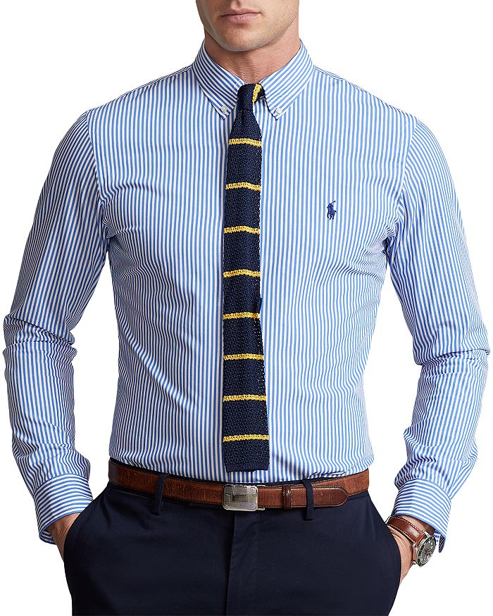 Polo Ralph Lauren Men's Slim Fit Striped Stretch Poplin Shirt - Light Blue/White - Size S