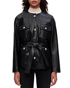 MAJE LEATHER EMBOSSED BUTTON BELTED JACKET