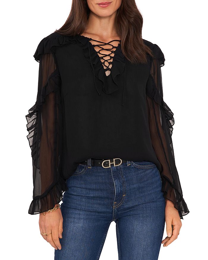 VINCE CAMUTO Ruffled Lace Up Neck Top | Bloomingdale's