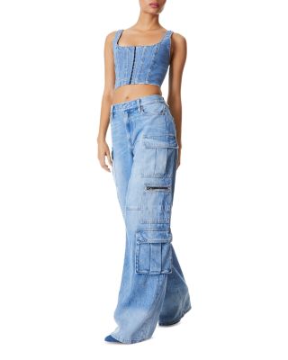 Cay High Rise Wide Leg Baggy Cargo Jeans in Brea Blue