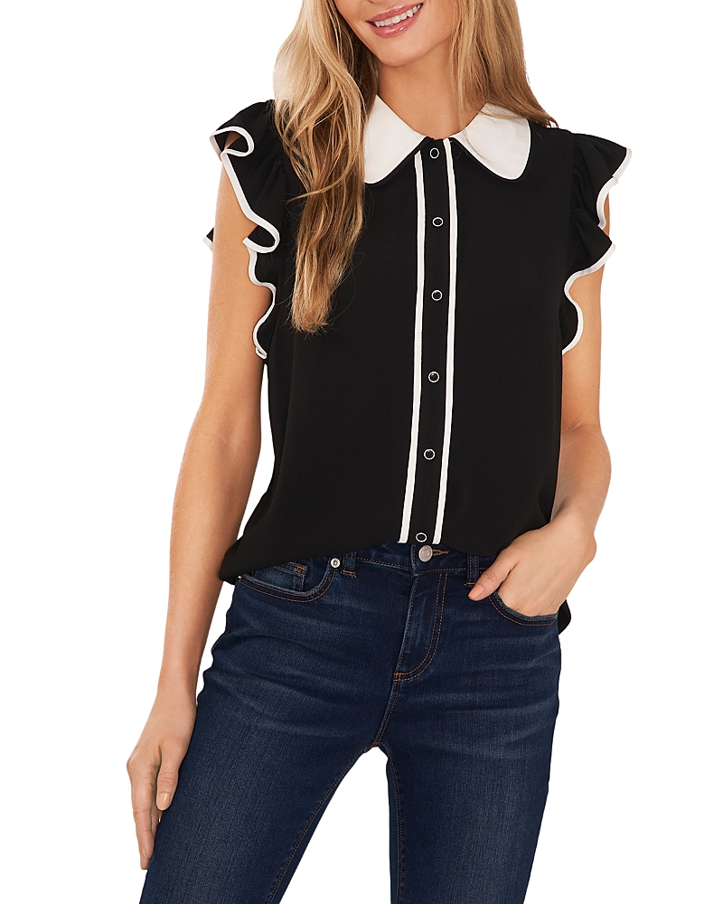 Cece Flutter Sleeve Collared Blouse In Rich Black