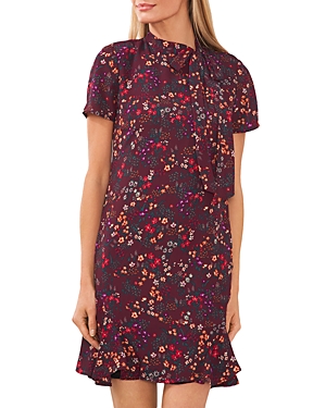 Shop Cece Short Sleeve Floral Print Godet Dress In Spiced Wine