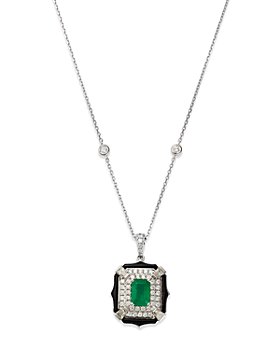 Bloomingdale's - Emerald, Onyx & Diamond Double Halo Pendant Necklace in 14K White Gold, 18" - 100% Exclusive