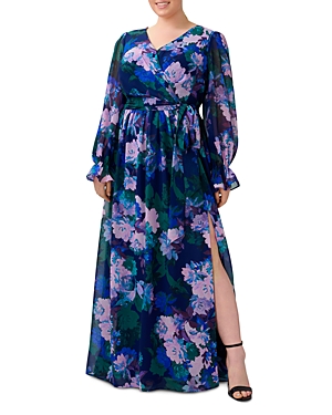Adrianna Papell Plus Floral Print Chiffon Gown In Navy Multi