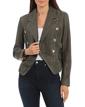 Bagatelle Double Breasted Leather Blazer In Winter Olive