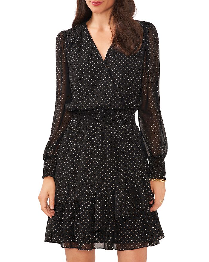 Vince Camuto Women's Blooms Long Sleeve Smock Waist Dress, Black, XS main image 1