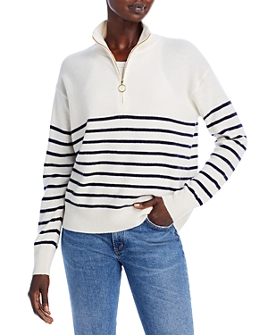 C By Bloomingdale's Cashmere Mock Neck Quarter Zip Striped Cashmere Sweater - 100% Exclusive In Ivory Ground/navy