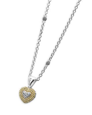 18K Yellow Gold & Sterling Silver Caviar Lux Diamond Heart Pendant Necklace, 16"