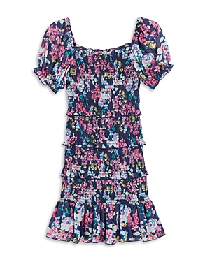 Katiejnyc Girls' Laila Puff Sleeve Tiered Smocked Dress - Big Kid In Navy Floral