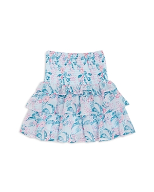 Aqua Girls' Tropical Print Smocked Ruffle Skirt, Big Kid - 100% Exclusive In Peacock