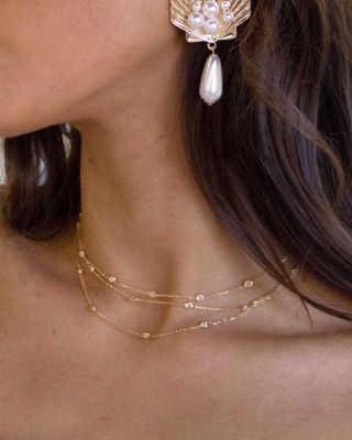 Perfect Crystal Dotted Cubic Zirconia Layered Collar Necklace in 18K Gold Plated, 13"-16" 