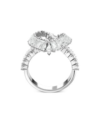 Matrix Baguette Crystal Woven Heart Cocktail Ring in Rhodium Plated