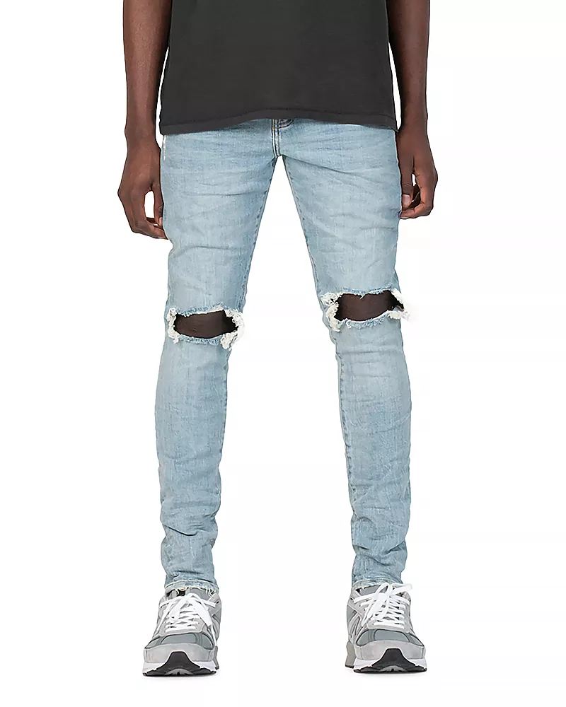 Purple Brand Dropped Slim Fit Destroyed Jeans in Light Indigo