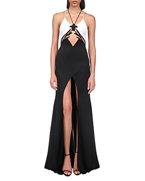 DAVID KOMA CRYSTAL EMBELLISHED COLOR BLOCK CUTOUT GOWN